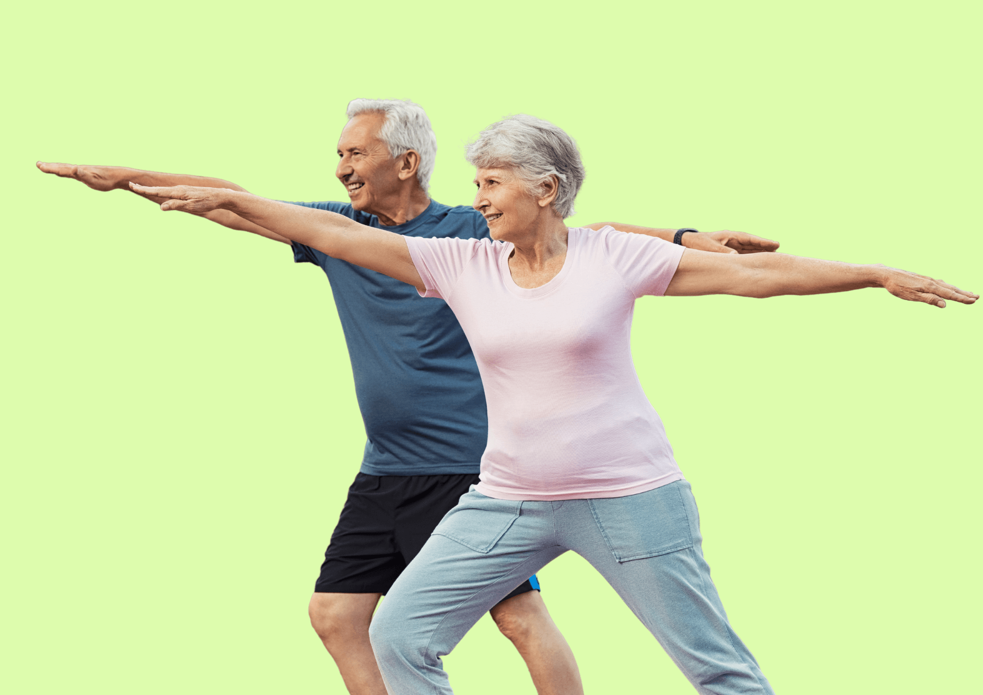 Elderly couple exercising together to prevent and treat upper back pain.