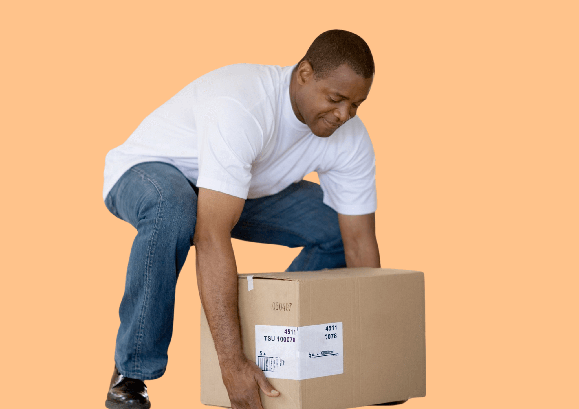 Man lifting heavy package which leads to intense lower back pain.
