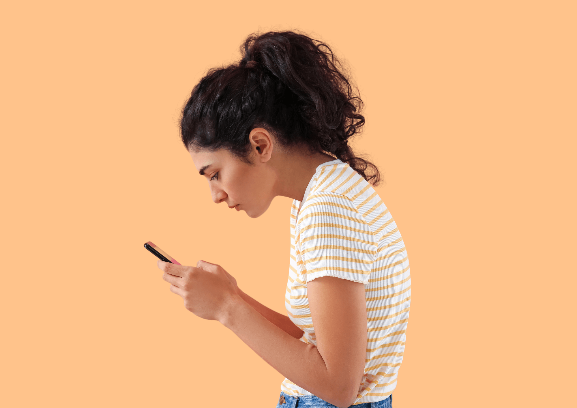 Woman experiencing upper back pain while staring on cell phone with hunched back.